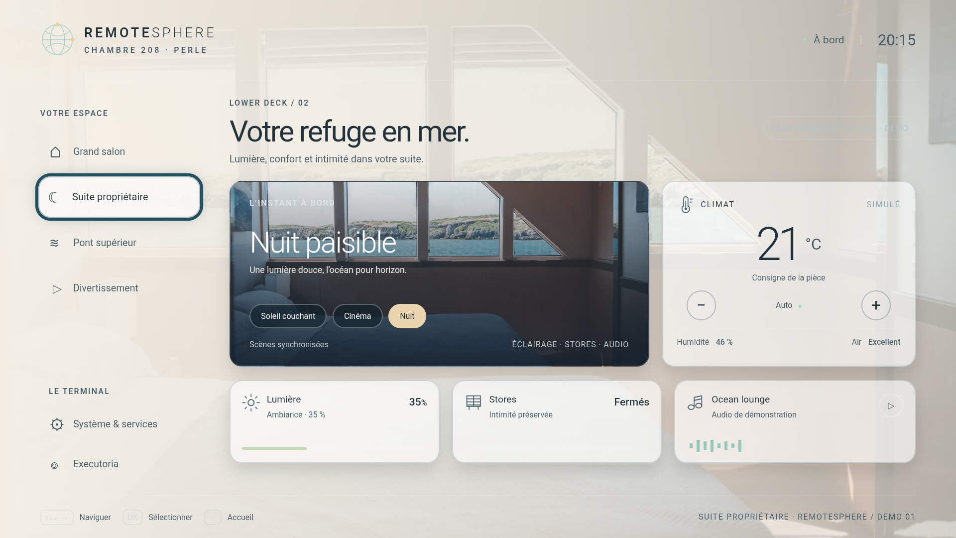 Interface claire Perle, chambre 208, capturée sur le terminal